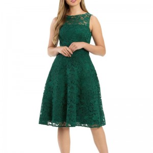 Lady módní bez rukávů zelené midi krajkové šaty